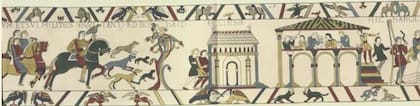El Tapiz de Bayeux muestra al rey Harold cabalgar hacia Bosham, donde asiste a la iglesia y celebra un banquete en un salón, antes de partir hacia Francia (Foto: Sociedad de Anticuarios de Londres)