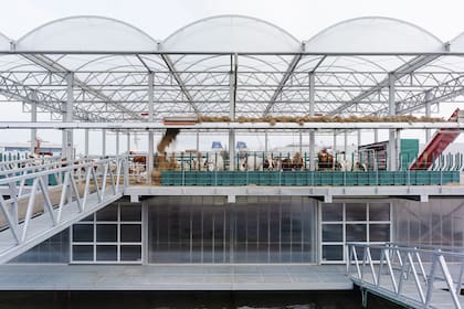 El techo de la granja flotante almacena el agua de lluvia