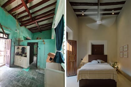 El techo fue reconstruido para recuperar su altura original y sumar vigas de madera. La habitación se abre a la pileta mediante puertas dobles de cedro, en sintonía con la casa.