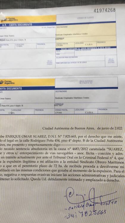 El telegrama que envió Omar Caballo Suárez al SOMU para que sea reafliado después de haber sido absuelto por la Justicia