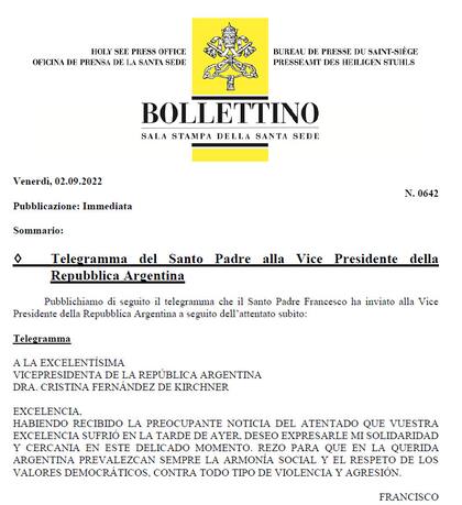 El telegrama que le envió el papa Francisco a Cristina Kirchner