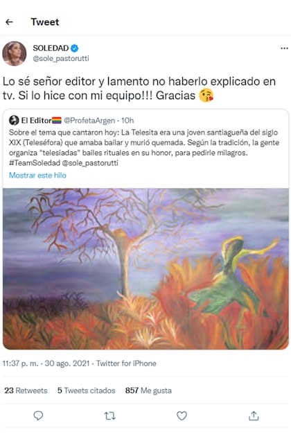 El tenso intercambio de Soledad Pastorutti con un seguidor en las redes sociales