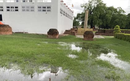 El terreno donde se encuentra el templo Maya Devi está anegado