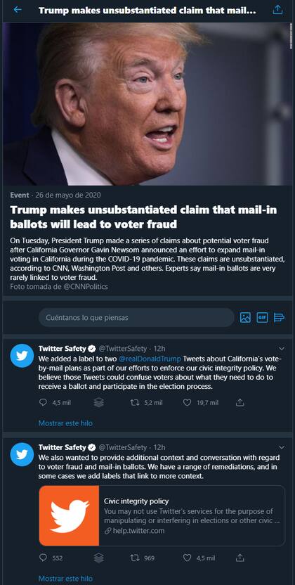 El texto de contexto que Twitter gener sobre el tuit de Donald Trump