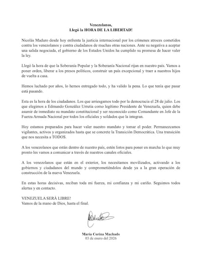 El texto de la carta publicada por María Corina Machado en sus redes sociales tras la detención de Nicolás Maduro por parte de fuerzas militares estadounidenses