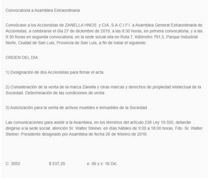 El texto de la convocatoria a accionistas de Zanella publicado en el Boletín Oficial de la provincia de San Luis