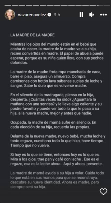 El texto que compartió Nazarena Vélez sobre el rol de abuela