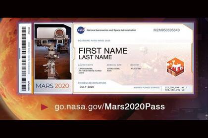 El ticket que le envían a los usuarios cuando registran su nombre en la misión del rover Mars 2020