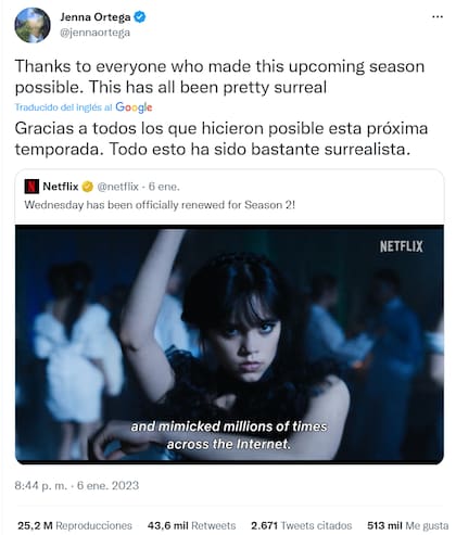 El tierno agradecimiento de Jenna Ortega tras el anuncio de la segunda temporada de Merlina