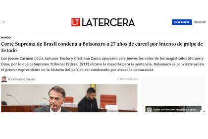 El titular de La Tercera, sobre la condena a Jair Bolsonaro