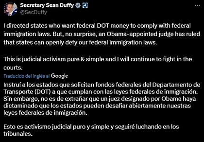 El titular del Departamento de Transporte de EE.UU. respondió al fallo de un juez federal