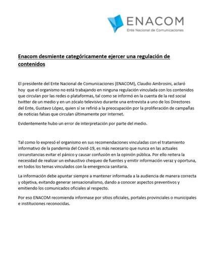 El titular del Enacom sacó un comunicado para desmentir a la TV Pública y remarcar que no se piensa en regular contenido de los portales de noticias