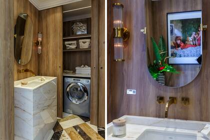 El toilette (con lavasecarropas de Longvie incluido) muestra el mismo trabajo en el piso que el del baño en suite. Revestimiento en melamina ‘Scotch’ de Faplac y grifería ‘Edge Brushed Gold’ de Novum (FV).