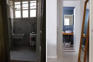 El toilette ocupa el área que correspondía al lavadero anterior. En un extremo del comedor, espejo de pie (Coup) y la vista del toilette en gris mate con el mismo piso de la entrada y mesada en paraíso.