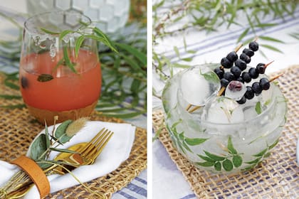 El toque botánico: pinchos de arándano en un bowl con hielo y hojas de sauce, una especie de acuario de fantasía