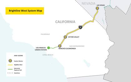 El tren Brightline West se extenderá a lo largo de 350 kilómetros para conectar Las Vegas y el sur de California.