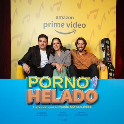 El tro protagnico: Martn Piroyansky, Ignacio Saralegui y Sofa Morandi. Foto gentileza de Amazon Prime Video