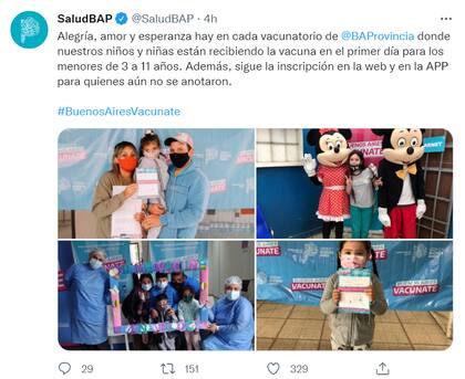 El tuit compartido esta mañana en el inicio de la vacunación de niñas y niños en la provincia de Buenos Aires