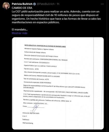 El posteo compartido por Bullrich que luego eliminó