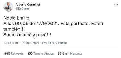 El tuit con el que Alberto Cormillot anunció el nacimiento de su tercer hijo