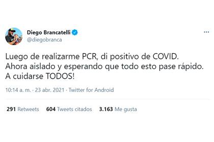 El tuit con el que Diego Brancatelli informó que había dado positivo de Covid-19