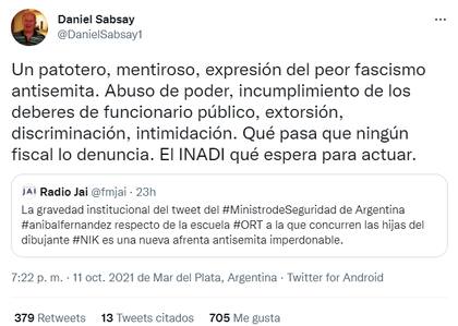 El tuit con el que el abogado constitucionalista Daniel Sabsay condenó los dichos de Aníbal Fernández