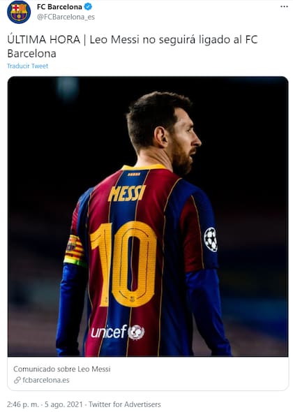 El tuit con el que el club anunció la salida de Messi