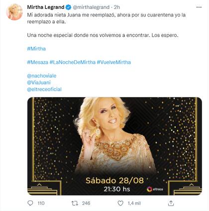 El tuit con el que Mirtha Legrand anunció su regreso a la pantalla de eltrece