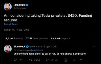 El tuit de 2018 en el que Elon Musk decía tener el dinero para comprar las acciones de Tesla y evitar que cotizara en la bolsa