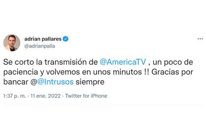 El tuit de Adrián Pallares luego de la caída de la transmisión