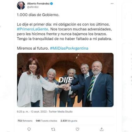 El tuit de Alberto Fernández con un video para conmemorar sus 1000 días como presidente de la Argentina