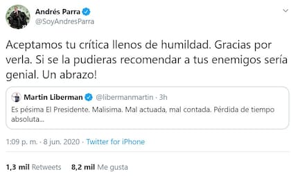 El tuit de Andrés Parra en respuesta al de Martín Liberman
