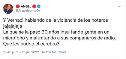 El tuit de Ángel de Brito contra la "Negra" Vernaci (Foto: Captura de Twitter)