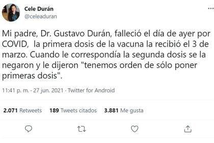 El tuit de Celeste Durán que habla sobre la situación de su papá Gustavo
