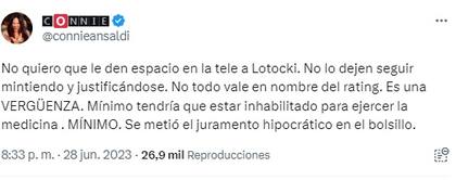 El tuit de Connie Ansaldi contra las palabras de Aníbal Lotocki