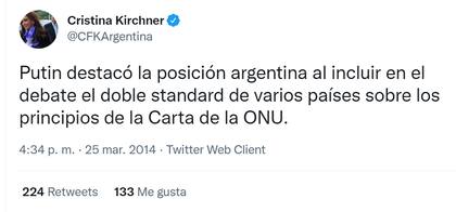 El tuit de Cristina del 25 de marzo de 2014 en el que relata su conversación con Putin sobre Crimea