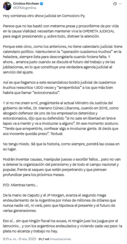 El tuit de Cristina Kirchner antes del inicio del juicio por la causa de los Cuadernos de las Coimas