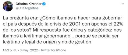 El tuit de Cristina Kirchner en plena interna con Alberto Fernández (Foto: Twitter @CFKArgentina)