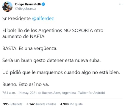 El tuit de Diego Brancatelli, enojado con Alberto Fernández por el aumento de la nafta
