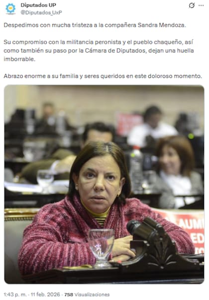 El tuit de diputados de Unión por la Patria sobre la muerte de Sandra Mendoza