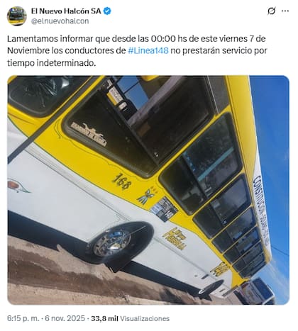 El tuit de El Nuevo Halcón SA sobre el paro de colectivos de este viernes 7 de noviembre