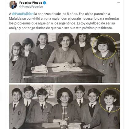 El tuit de Federico Pinedo en el que posteó dos fotos vintage de la escuela primaria que compartió con Patricia Bullrich