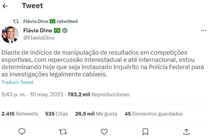 El tuit de Flavio Dino, ministro de Justica de Brasil, sobre los escándalos de las denuncias por arreglar en partidos de jugadores de la liga brasileña
