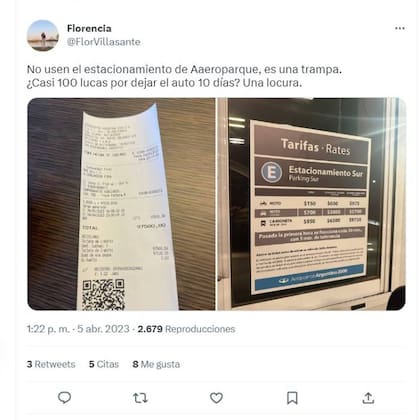 El tuit de Florencia, que pagó casi 100.000 pesos por diez días de estacionamiento en Aeroparque