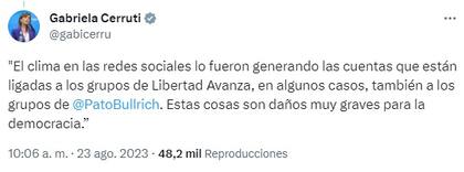 El tuit de Gabriela Cerruti sobre los saqueos