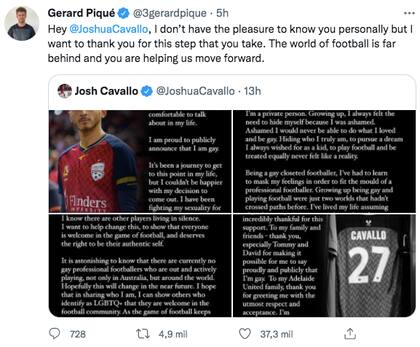 El tuit de Gerard Piqué en apoyo a la declaración de Josh Cavallo