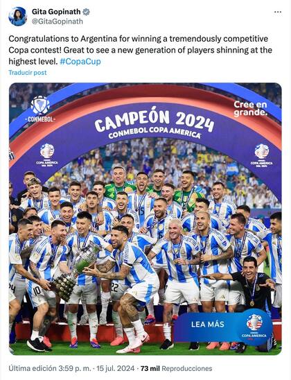 El tuit de Gita Gopinath, tras el triunfo de la selección