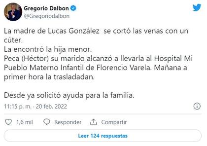 El tuit de Gregorio Dalbón sobre el estado de salud de la madre de Lucas González.