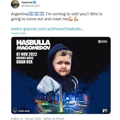 El tuit de Hasbulla y el afiche que anuncia su presentación en el teatro Gran Rex, el próximo 7 de noviembre
