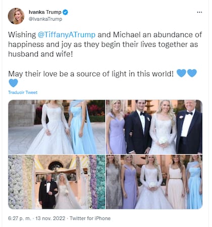 El tuit de Ivanka Trump, con el que felicitó a los novios, incluyó una foto editada donde eliminó a Kimberly Guilfoyle, la pareja de su hermano, Donald Trump Jr.